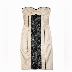 bebe Champagne satin strapless dress with black lace XS